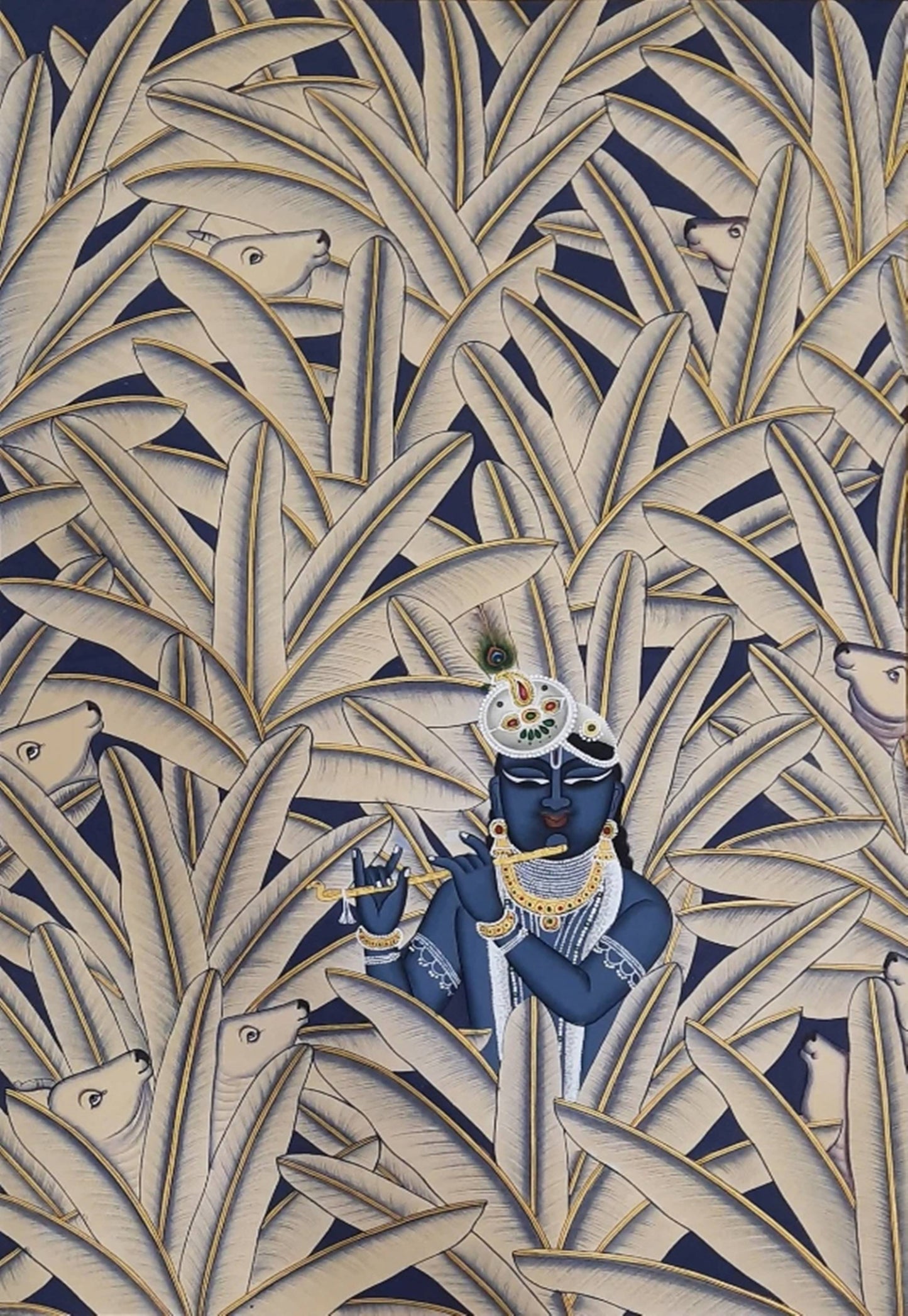 Krishna in Banana Trees, Hand Painted Pichwai Painting, Home Decor, Wall Decor