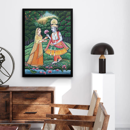 Radha Krishna Detailed Pichwai Handmade Painting- framed