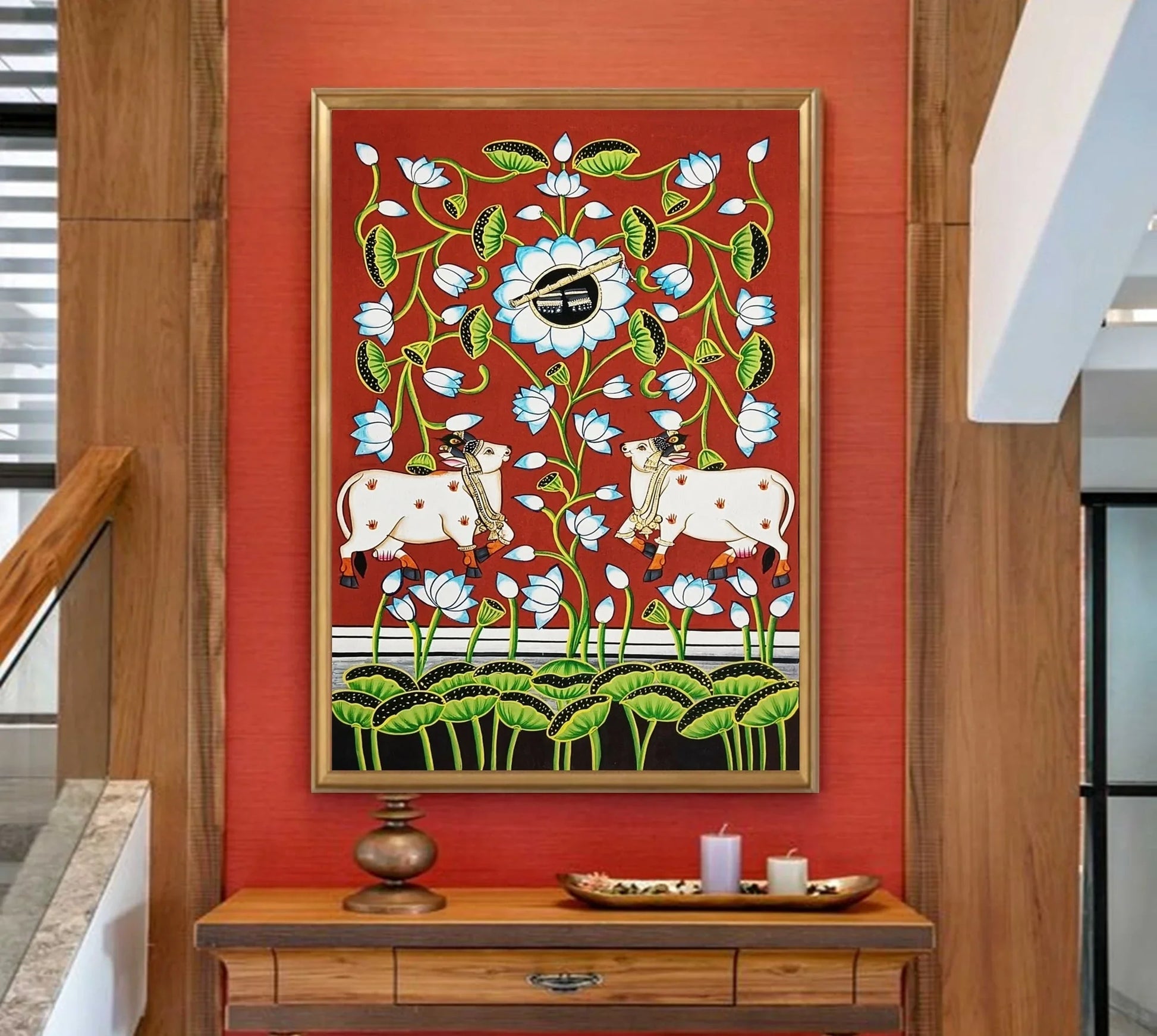 Shrinathji Charan Darshan, Pichwai Painting Of Cow And Lotus Wall Art Work, Traditional Indian Pichwai Painting For Home Decor, Home Decor - Jaipur Earth