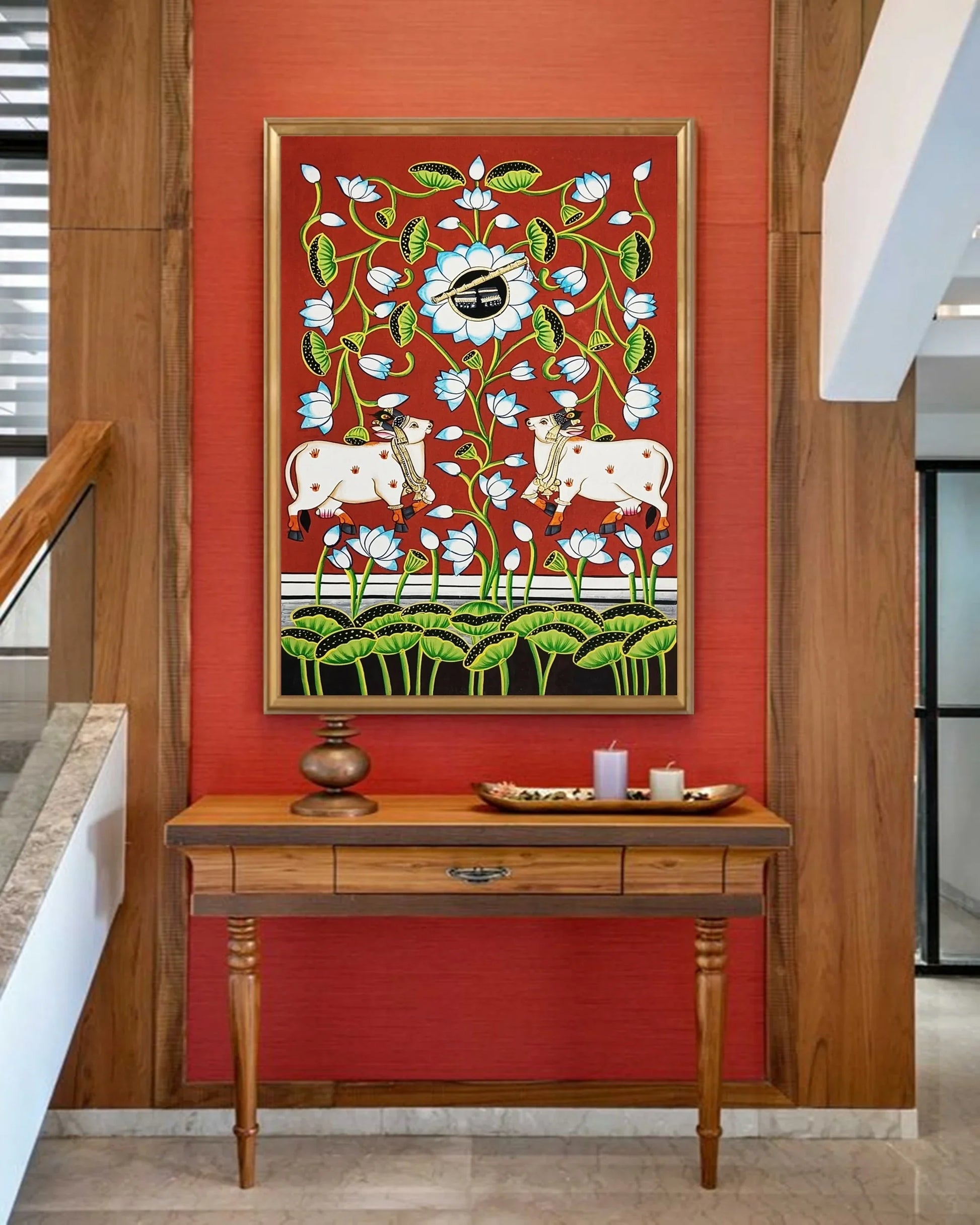 Shrinathji Charan Darshan, Pichwai Painting Of Cow And Lotus Wall Art Work, Traditional Indian Pichwai Painting For Home Decor, Home Decor - Jaipur Earth