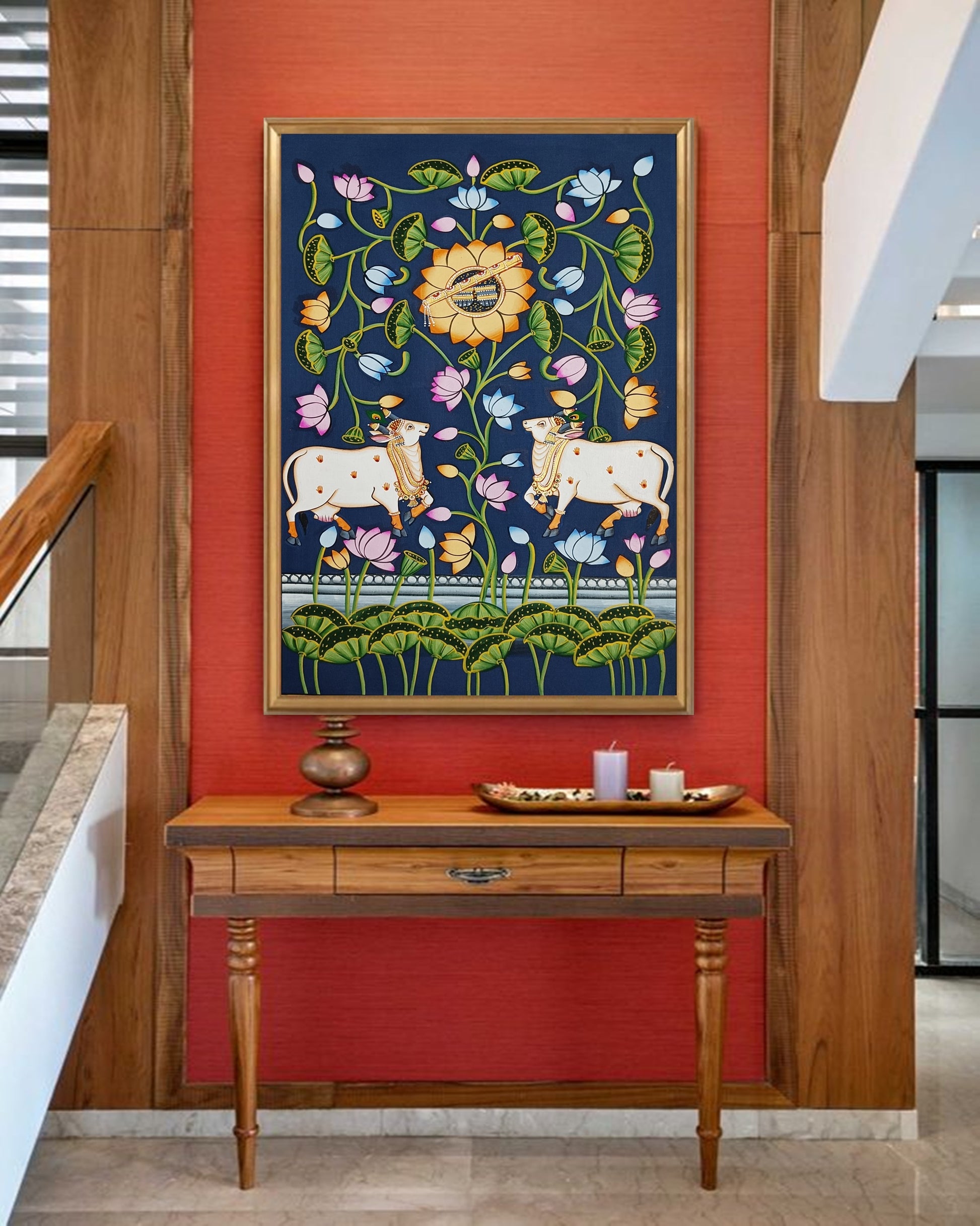 Shrinathji Charan Darshan, Pichwai Painting Of Cow And Lotus Wall Art Work, Traditional Indian Pichwai Painting For Home Decor, Home Decor - Jaipur Earth