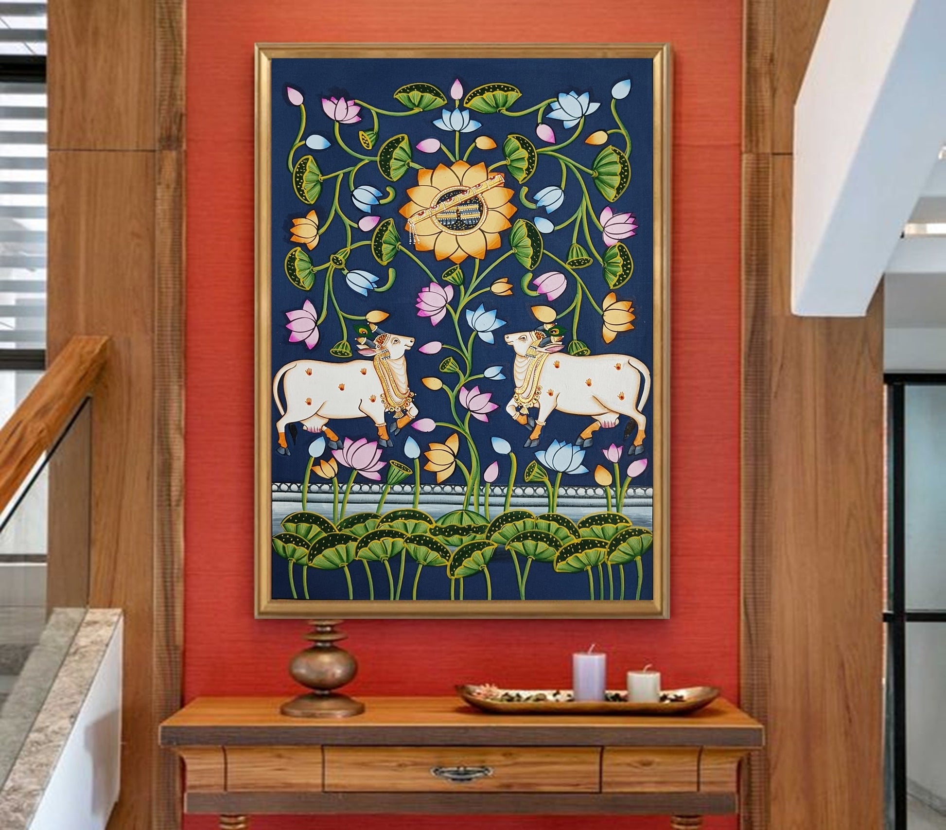 Shrinathji Charan Darshan, Pichwai Painting Of Cow And Lotus Wall Art Work, Traditional Indian Pichwai Painting For Home Decor, Home Decor - Jaipur Earth