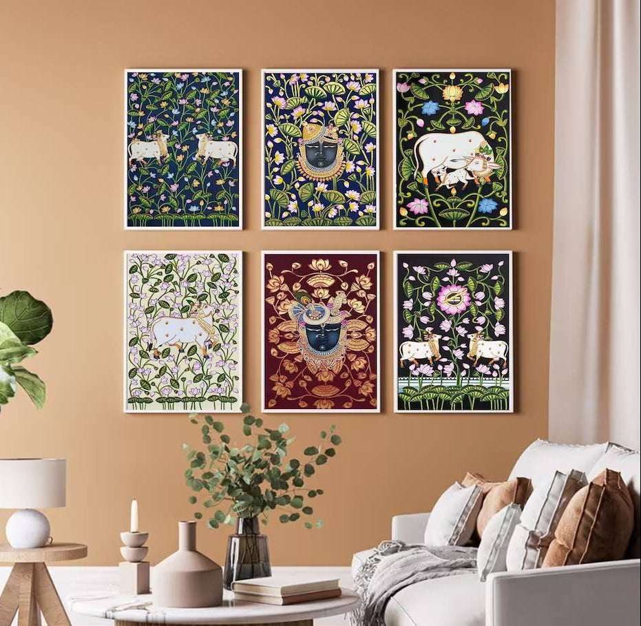 Pichwai Painting, Set of 6 Shrinathji and Cow Pichwai Painting, Modern Wall Decor Paintings, Hand Painted on Fabric, Home Decor - Unframed