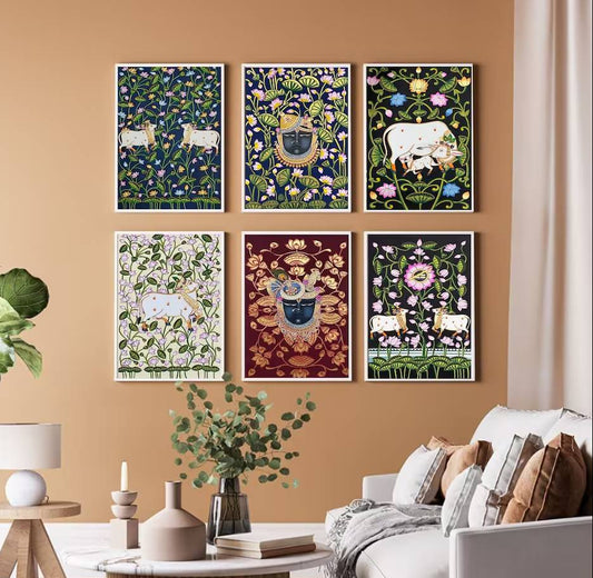 Pichwai Painting, Set of 6 Shrinathji and Cow Pichwai Painting, Modern Wall Decor Paintings, Hand Painted on Fabric, Home Decor - Unframed