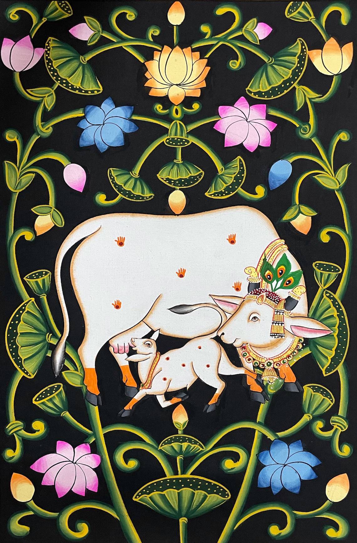 Pichwai Painting, Set of 6 Shrinathji and Cow Pichwai Painting, Modern Wall Decor Paintings, Hand Painted on Fabric, Home Decor - Unframed