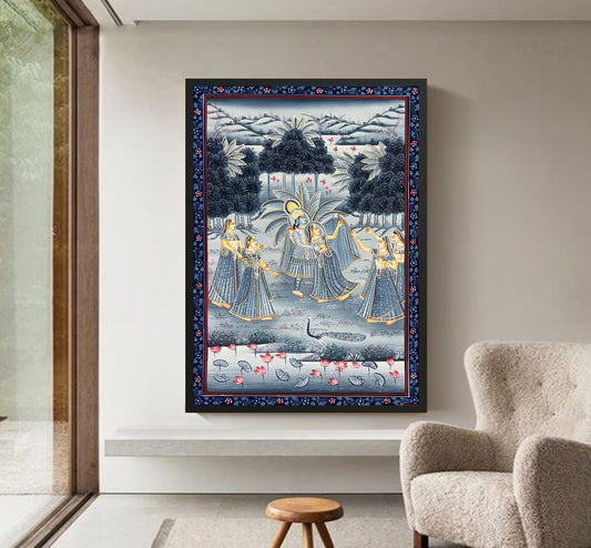 Radha Krishna Detailed Pichwai Handmade Painting on Fabric Krishna Painting, Wall art, Home Decor