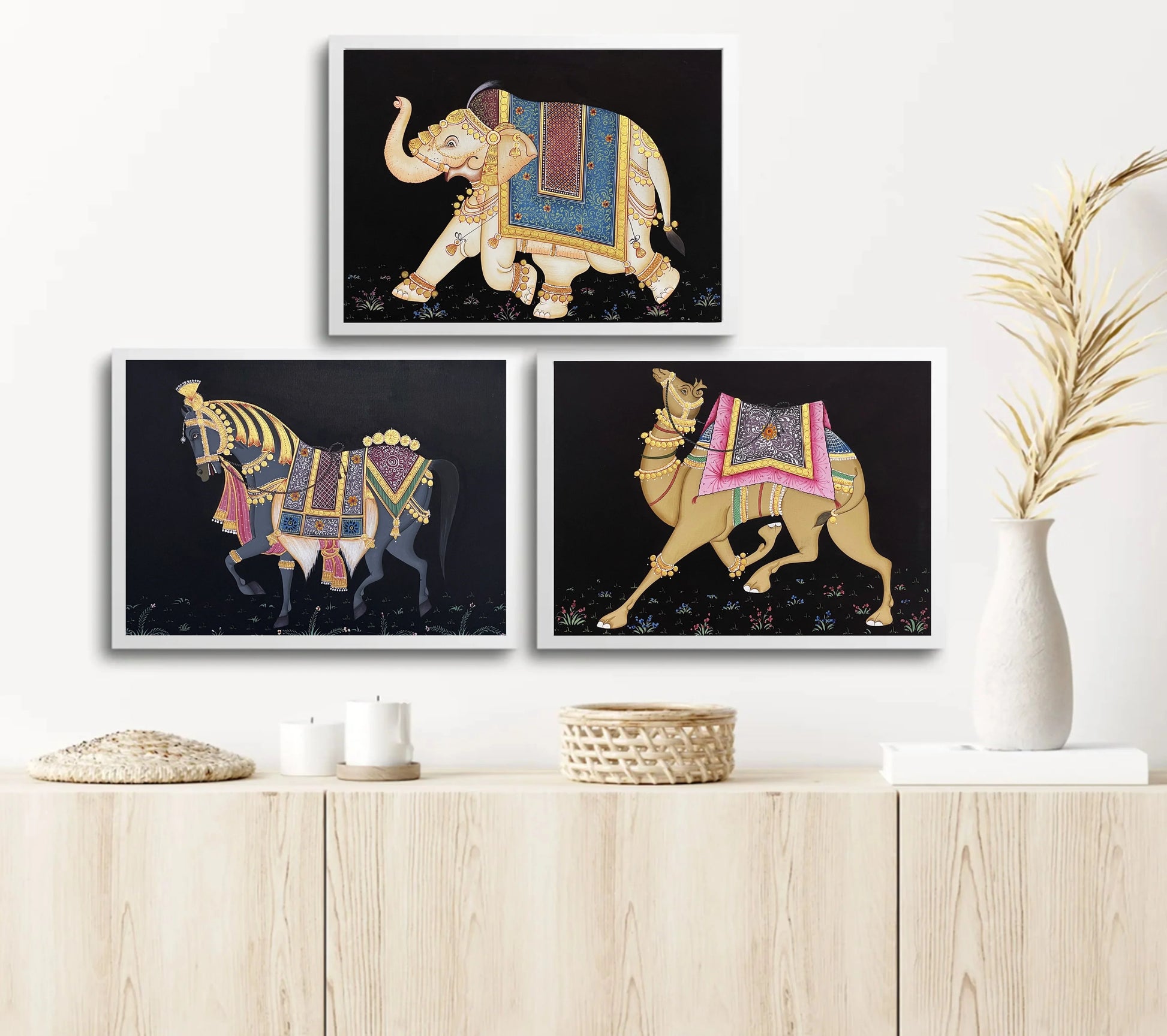 Trio Elephant, Horse, Camel Set of 3 Indian Miniature Wall Art, Traditional Animal Procession Painting On Paper, Wall Painting, Wall Hanging - Jaipur Earth