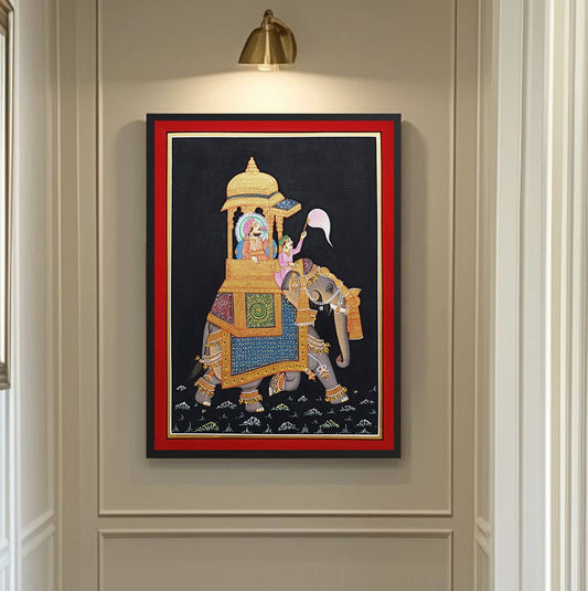 Hand Painted Painting, Indian Maharaja Elephant Safari Painting, Wall Art, Folk Art - Jaipur Earth
