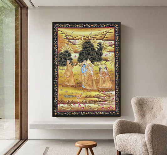 Radha Krishna Detailed Pichwai Handmade Painting on Fabric Krishna Painting, Wall art, Home Decor