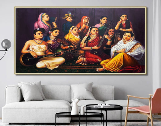 Hand-painted Indian artwork of women in traditional attire playing musical instruments, displayed above a modern white sofa.