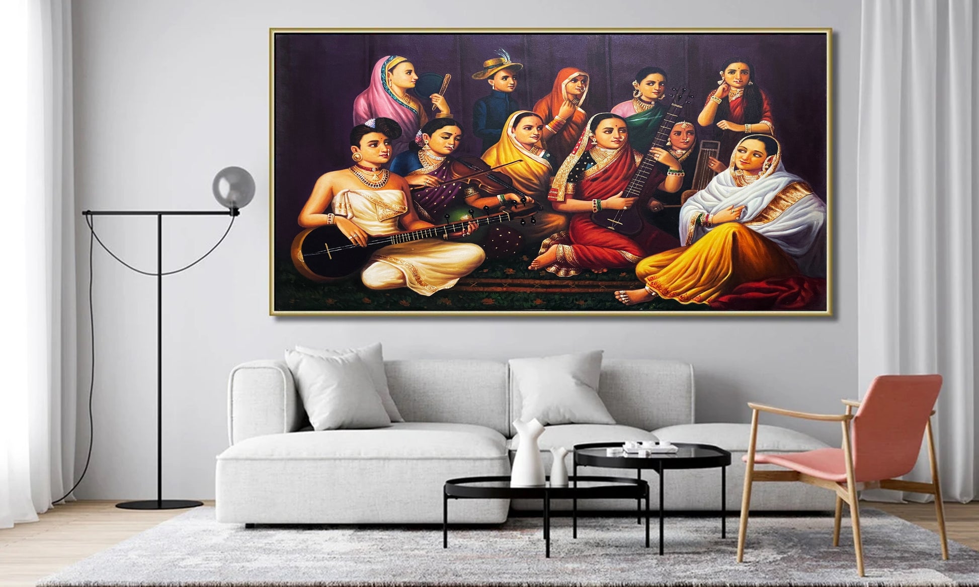 Hand-painted Pichwai art of women in traditional attire playing musical instruments, wall decor