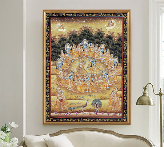 Radha Krishna Raasleela Detailed Pichwai Handmade Painting On Fabric, Original Krishna Ras Leela Scene Wall Hanging Home Decorative Art