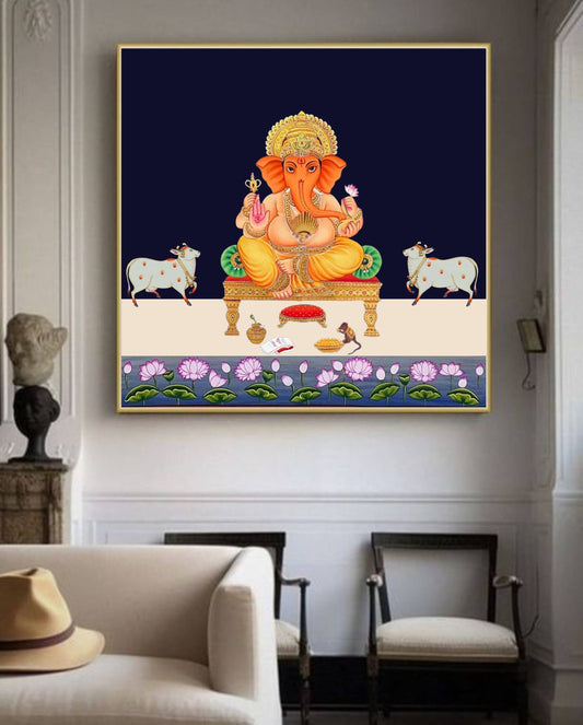 Lord Ganesha and Flower Art Painting For Home Decor, Traditional Handmade Painting Of Beautiful Lord Ganesha, Wall Painting, Wall Hanging - Jaipur Earth