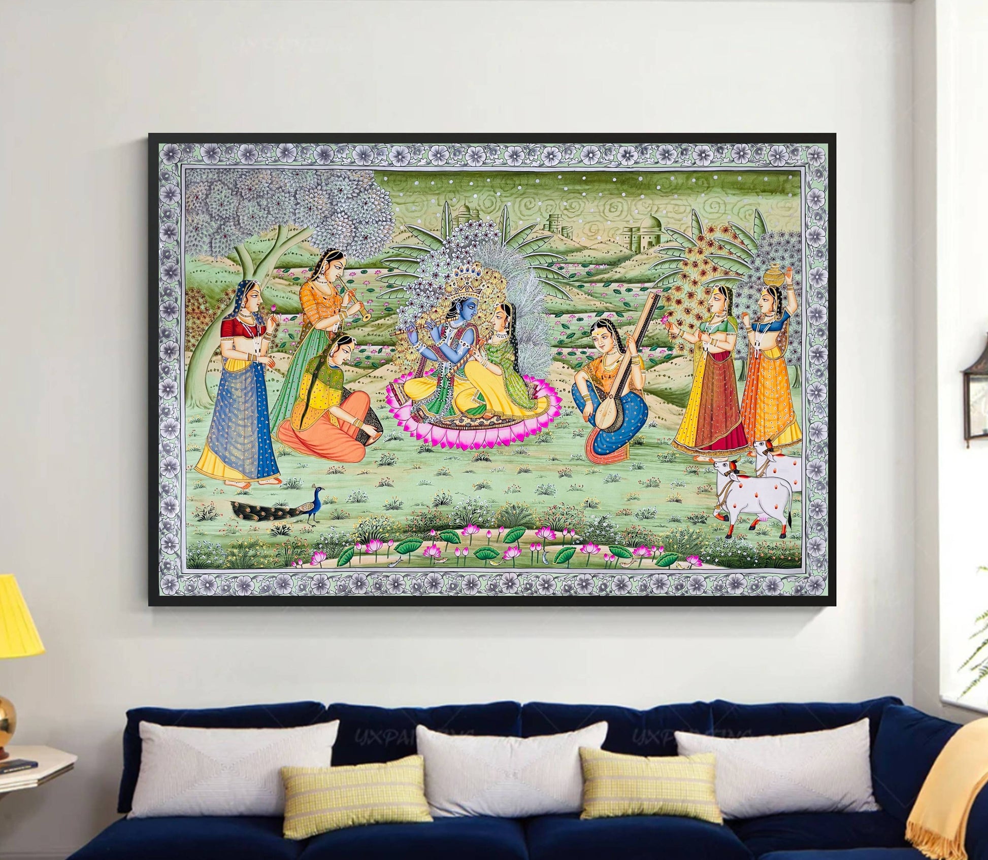 Radha Krishna Detailed Pichwai Handmade Painting on Fabric Krishna Painting, Wall art, Home Decor - Jaipur Earth