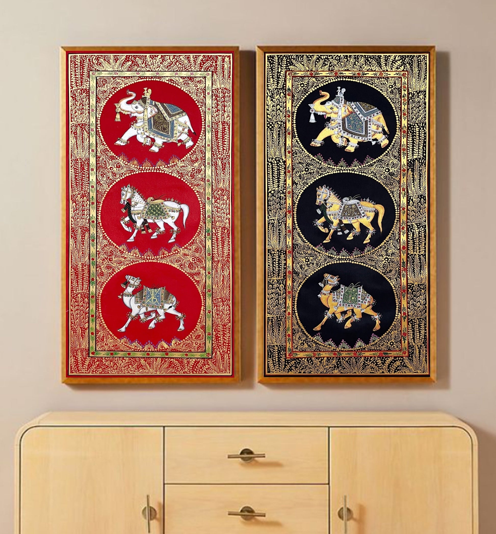 Trio Elephant, Horse, Camel Indian Miniature Wall Art, Set of 2 Traditional Animal Procession Painting On Silk For Home Decor - Jaipur Earth