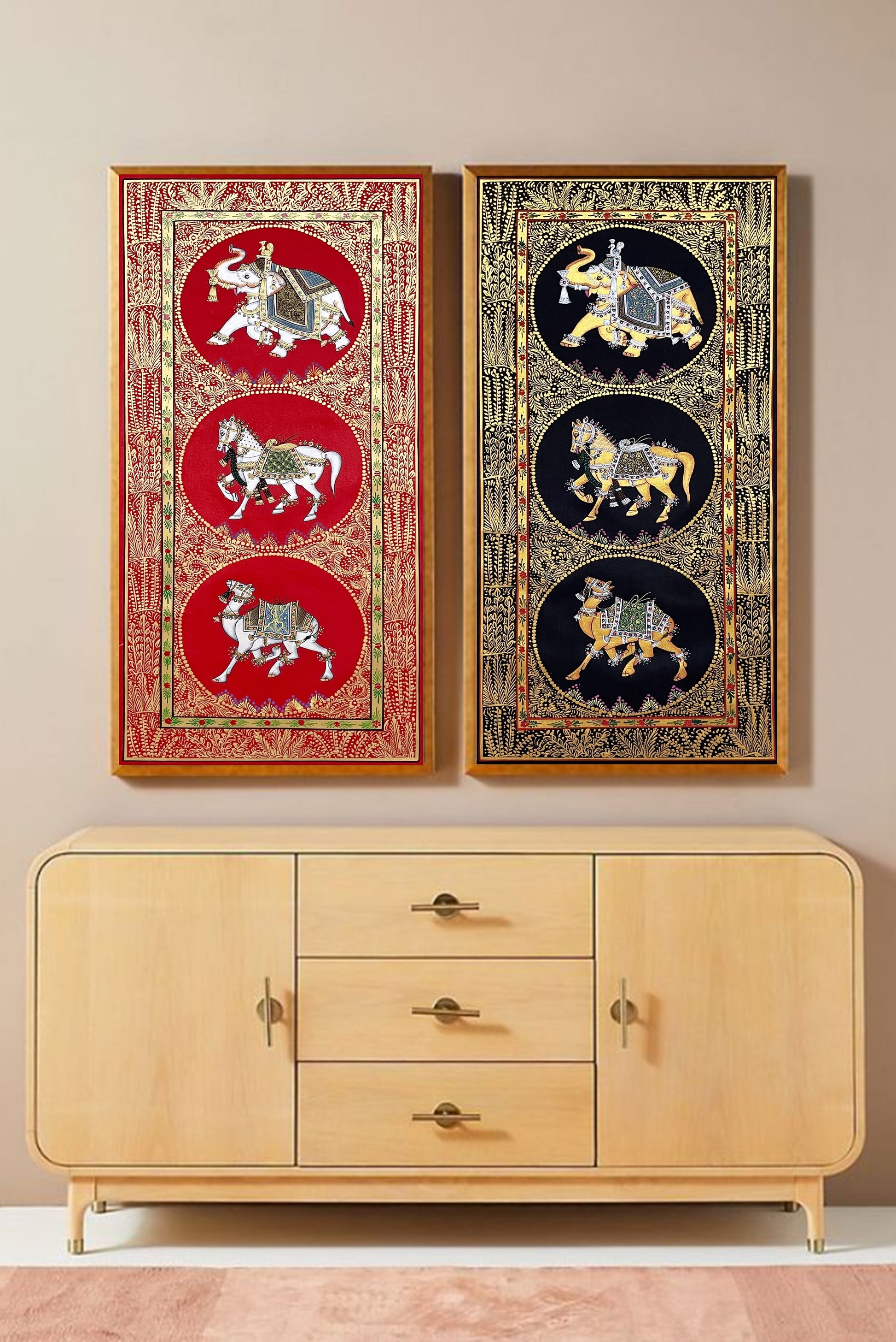 Trio Elephant, Horse, Camel Indian Miniature Wall Art, Set of 2 Traditional Animal Procession Painting On Silk For Home Decor - Jaipur Earth
