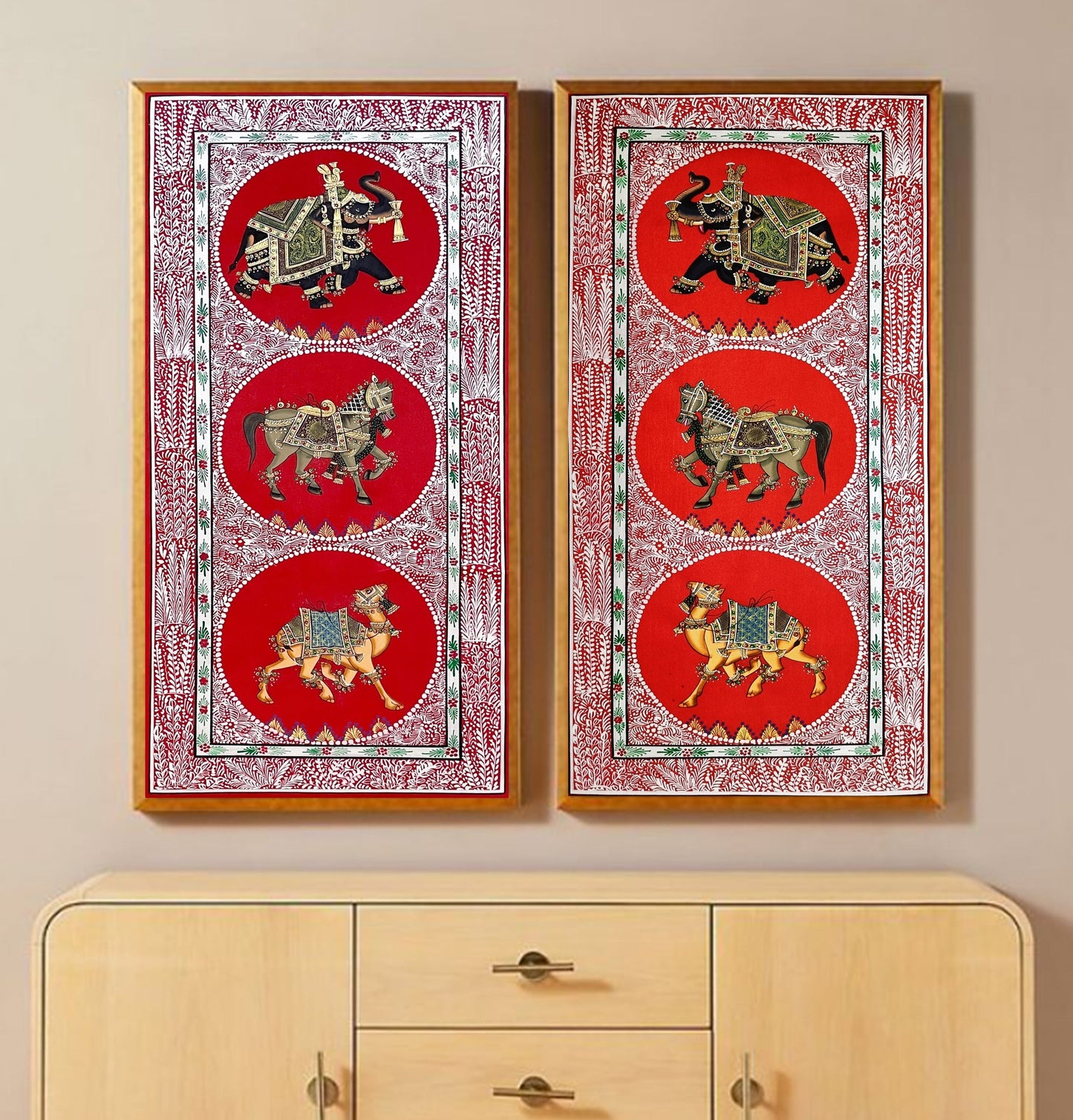 Trio Elephant, Horse, Camel Indian Miniature Wall Art, Set of 2 Traditional Animal Procession Painting On Silk For Home Decor - Jaipur Earth