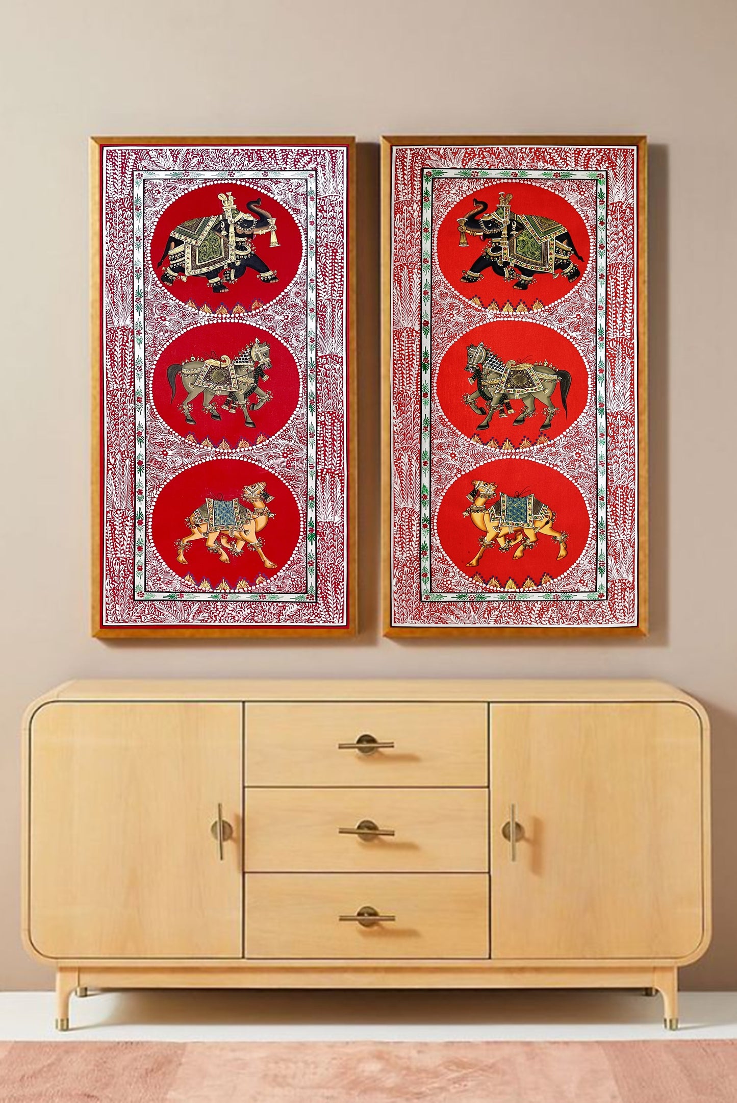 Trio Elephant, Horse, Camel Indian Miniature Wall Art, Set of 2 Traditional Animal Procession Painting On Silk For Home Decor - Jaipur Earth