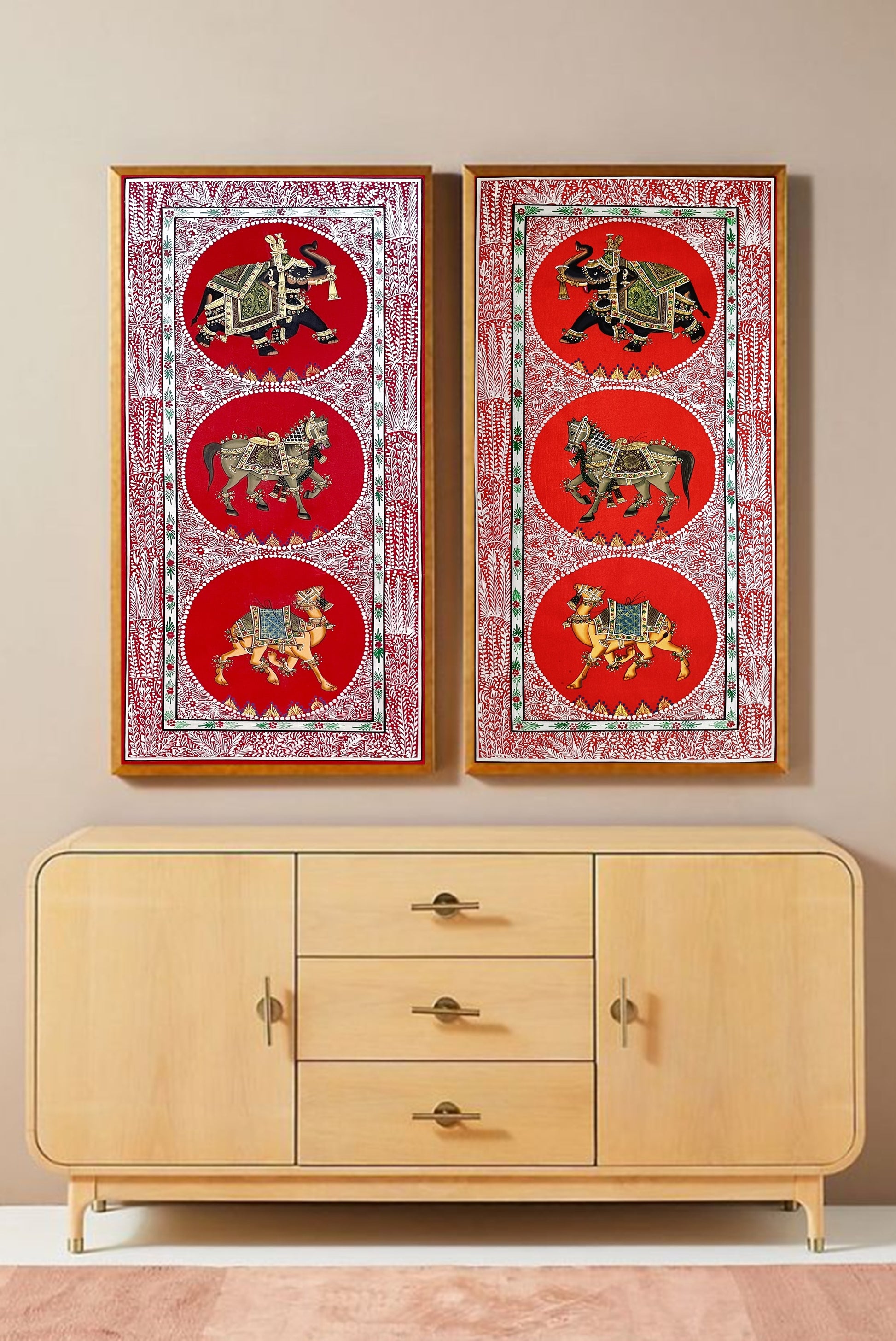 Trio Elephant, Horse, Camel Indian Miniature Wall Art, Set of 2 Traditional Animal Procession Painting On Silk For Home Decor - Jaipur Earth