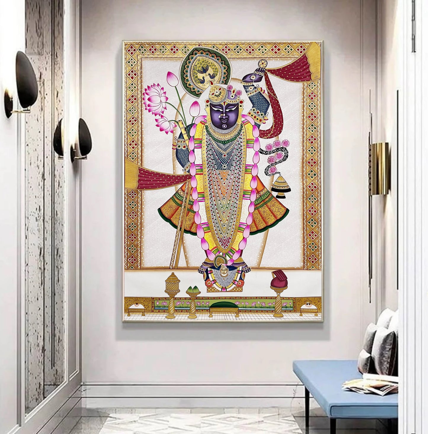 Shreenathji and Lotus Pichwai Art Painting For Home Decor, Traditional Handmade Wall Painting Of Beautiful Shri Nath Ji In Kamal Talai - Jaipur Earth