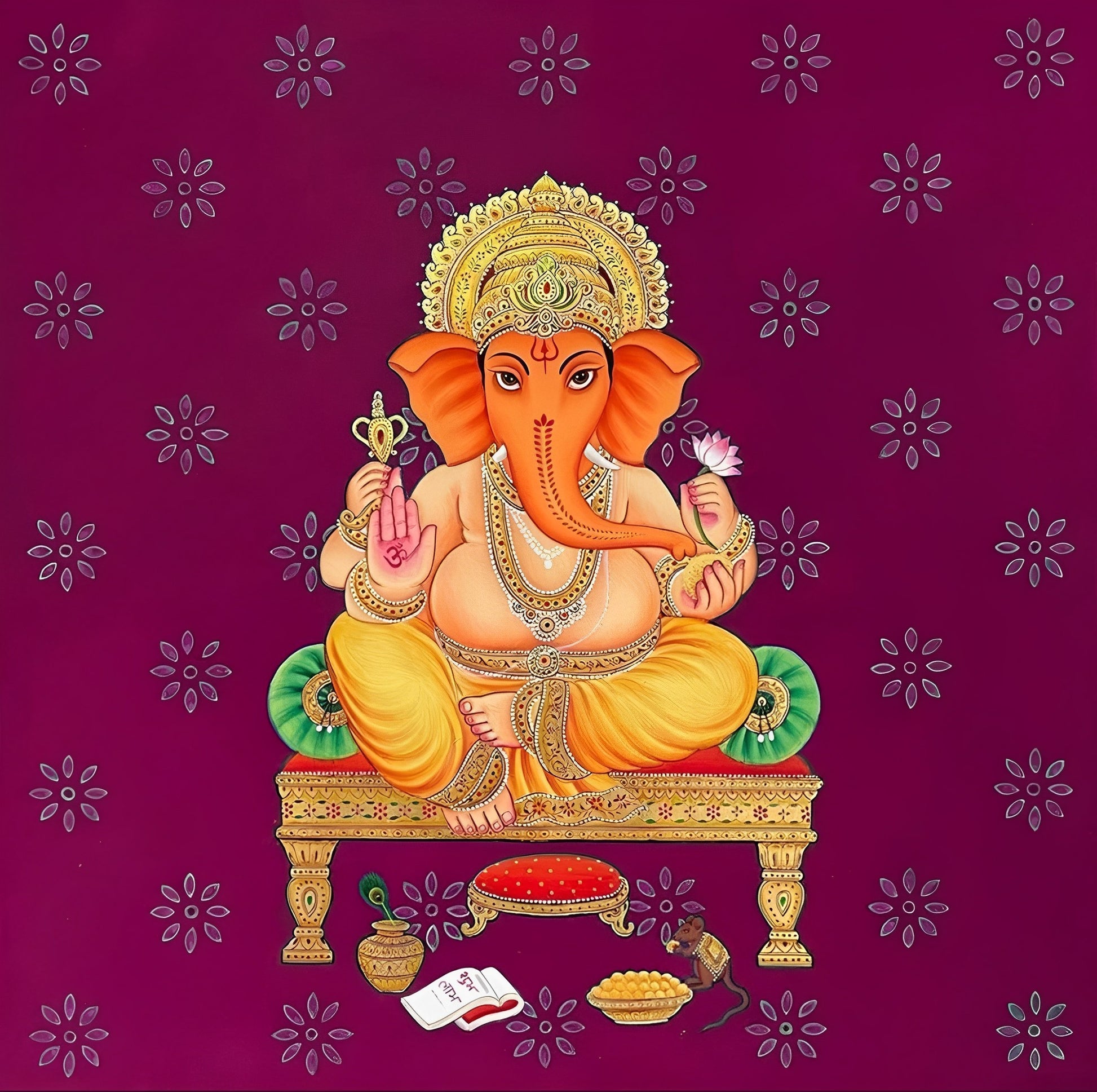 Lord Ganesha and Flower Art Painting For Home Decor, Traditional Handmade Painting Of Beautiful Lord Ganesha, Wall Painting, Wall Hanging - Jaipur Earth