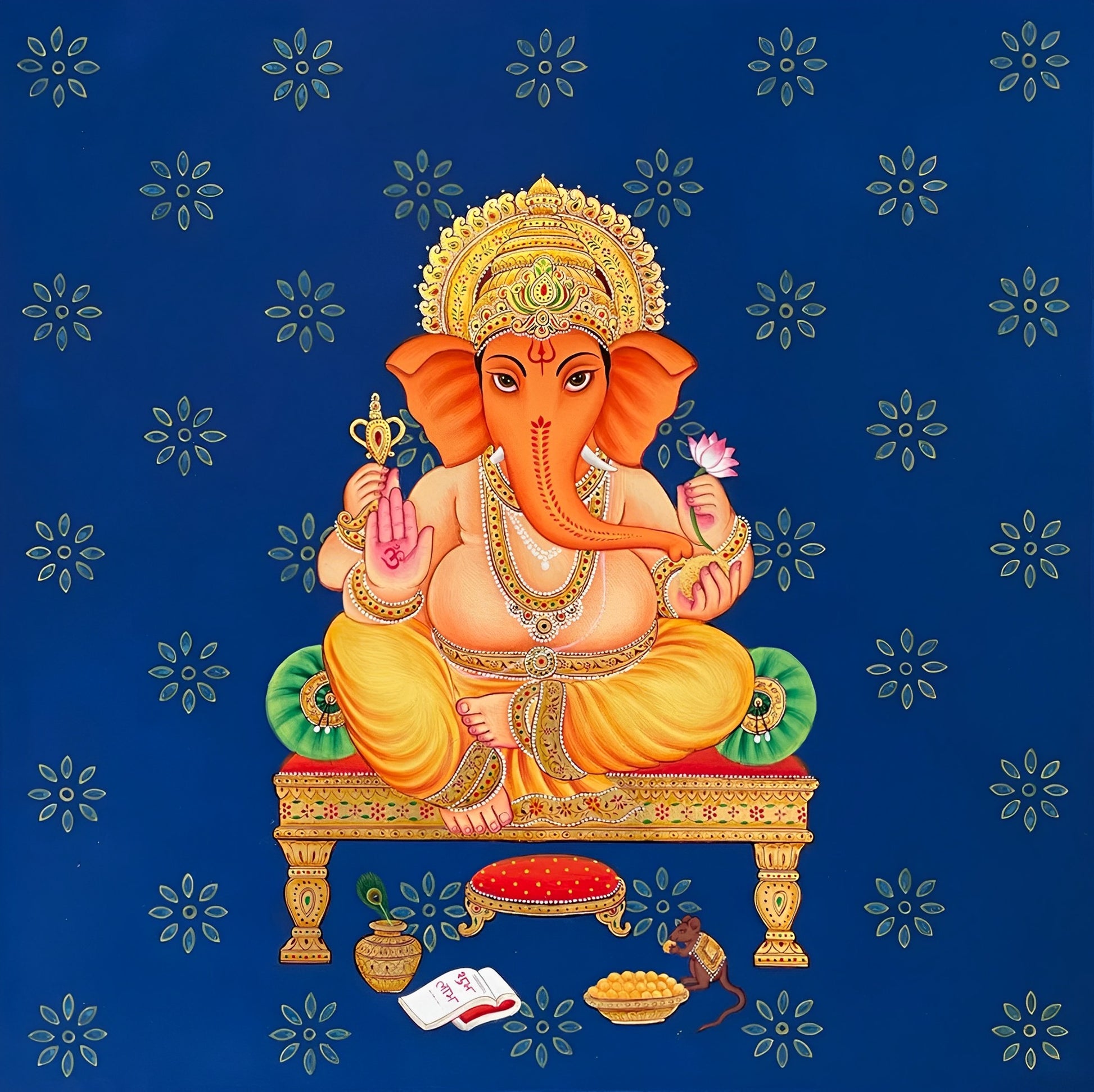 Lord Ganesha and Flower Art Painting For Home Decor, Traditional Handmade Painting Of Beautiful Lord Ganesha, Wall Painting, Wall Hanging - Jaipur Earth