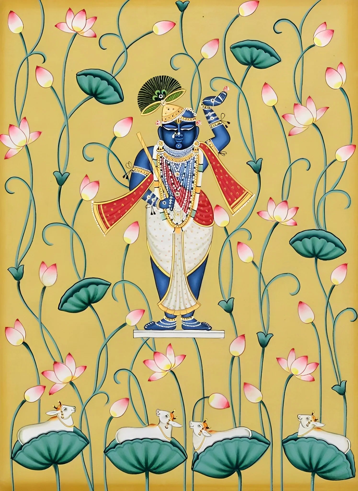 Pichwai Painting of Shrinathji and Lotus, Art For Home Decor, Beautiful Shrinathji In Kamal Talai on cloth, Wall Art, Home Decor gift - Jaipur Earth
