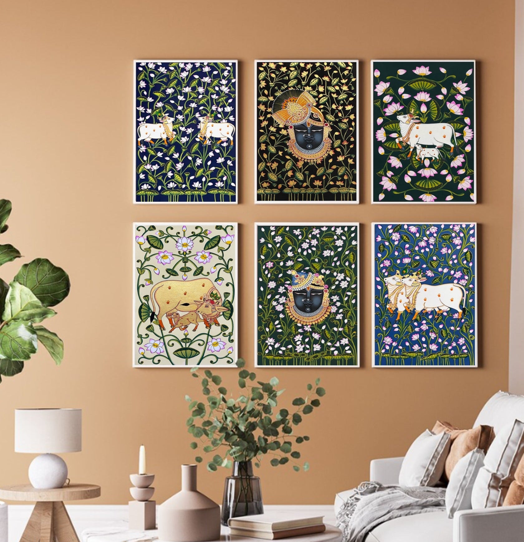 Pichwai Painting, Set of 6 Shrinathji and Cow Pichwai Painting, Modern Wall Decor Paintings, Hand Painted on Fabric, Home Decor - Jaipur Earth