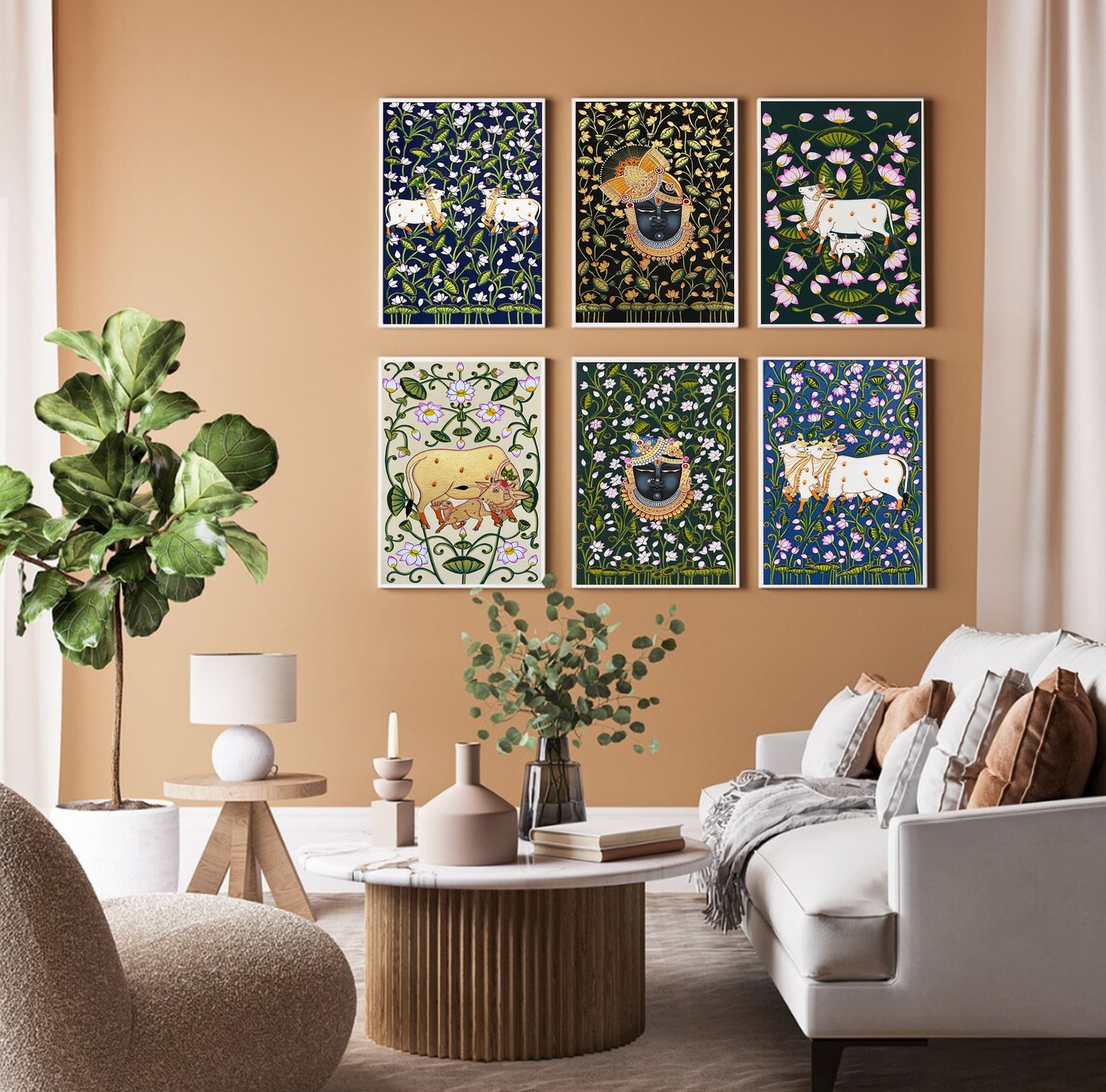 Pichwai Painting, Set of 6 Shrinathji and Cow Pichwai Painting, Modern Wall Decor Paintings, Hand Painted on Fabric, Home Decor - Jaipur Earth