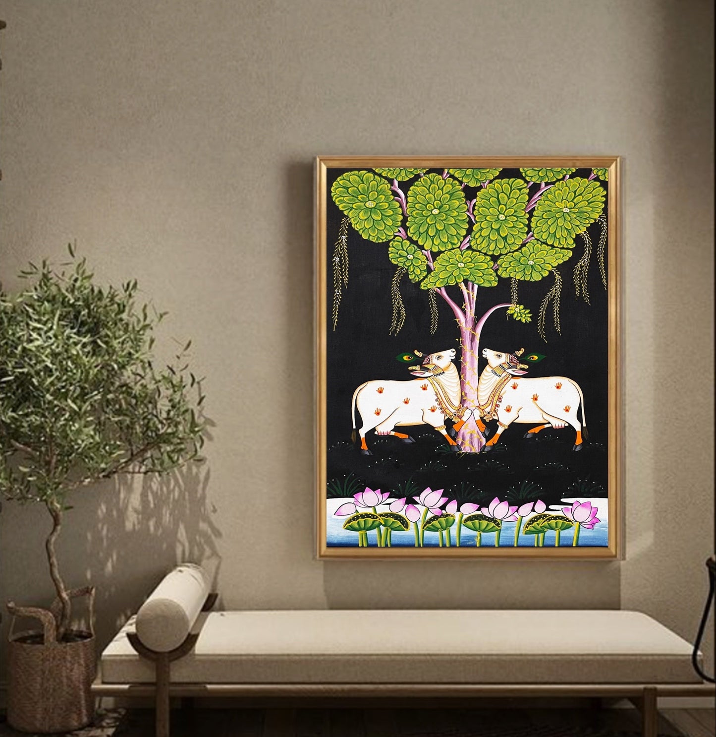 Pichwai Painting Of Cow, Detailed Traditional Indian Pichwai Painting For Home Decor, Wall Decor, Wall Art - Jaipur Earth