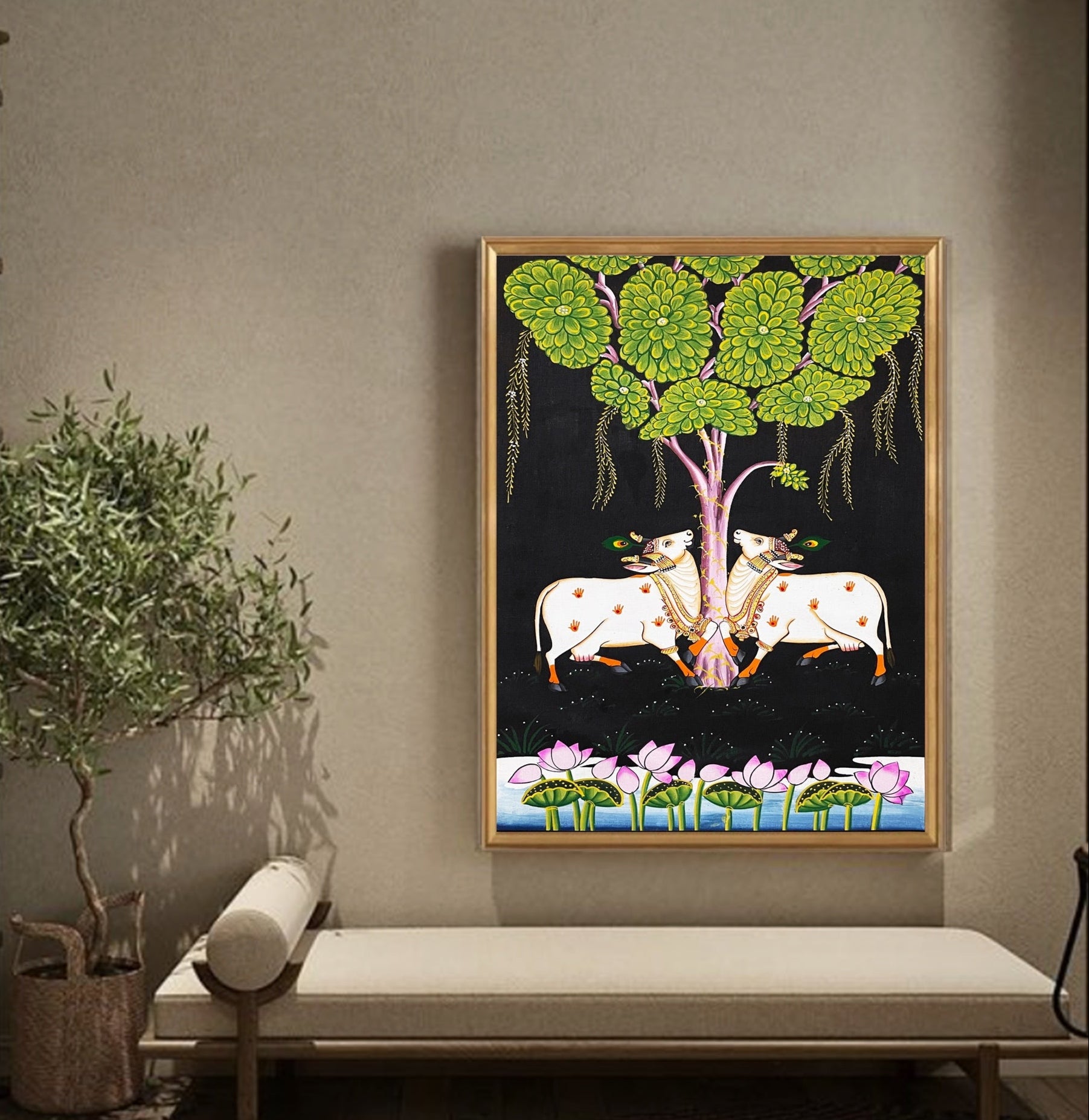 Pichwai Painting Of Cow, Detailed Traditional Indian Pichwai Painting For Home Decor, Wall Decor, Wall Art - Jaipur Earth