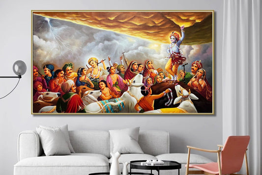 Krishna Lifting Mount Govardhan Handmade oil Painting On Canvas, Large Original Krishna Childhood Scene Wall Hanging Home Decorative Art