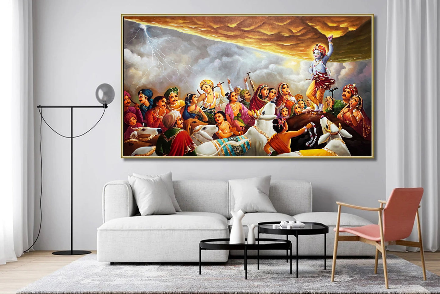 Krishna Lifting Mount Govardhan Handmade oil Painting On Canvas, Large Original Krishna Childhood Scene Wall Hanging Home Decorative Art