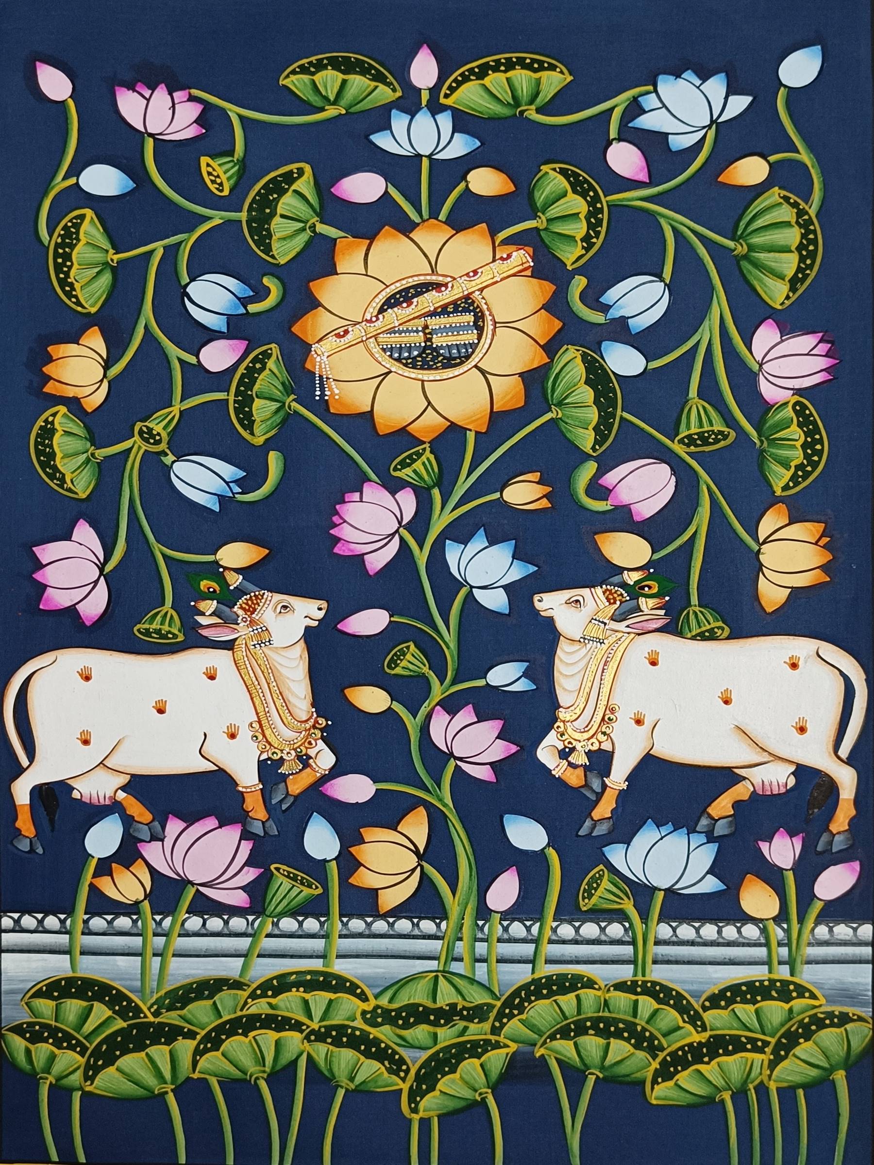Shrinathji Charan Darshan, Pichwai Painting Of Cow And Lotus Wall Art Work, Traditional Indian Pichwai Painting For Home Decor, Home Decor - Jaipur Earth