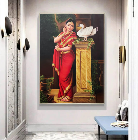 Hand-painted Indian art of woman in red saree with white swan, traditional canvas painting