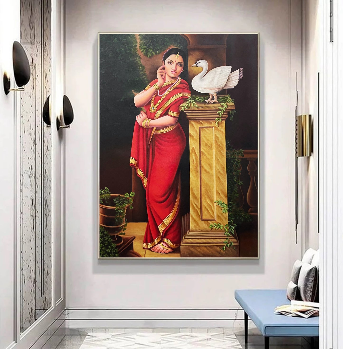 Traditional Indian painting of woman in red sari with jewelry beside a white swan on pedestal