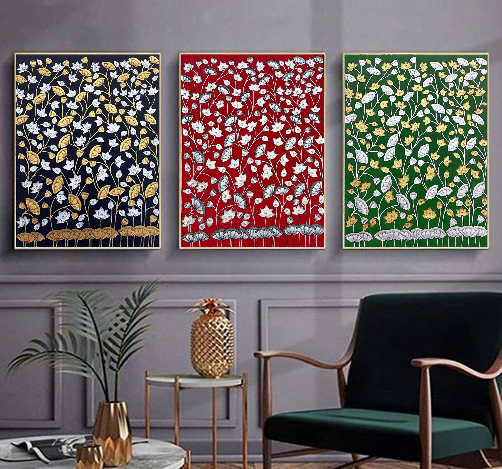 Pichwai Paintings Set of 3, Lotus Pond Indian Pichwai Painting, Home decor Art, Indian painting - Jaipur Earth