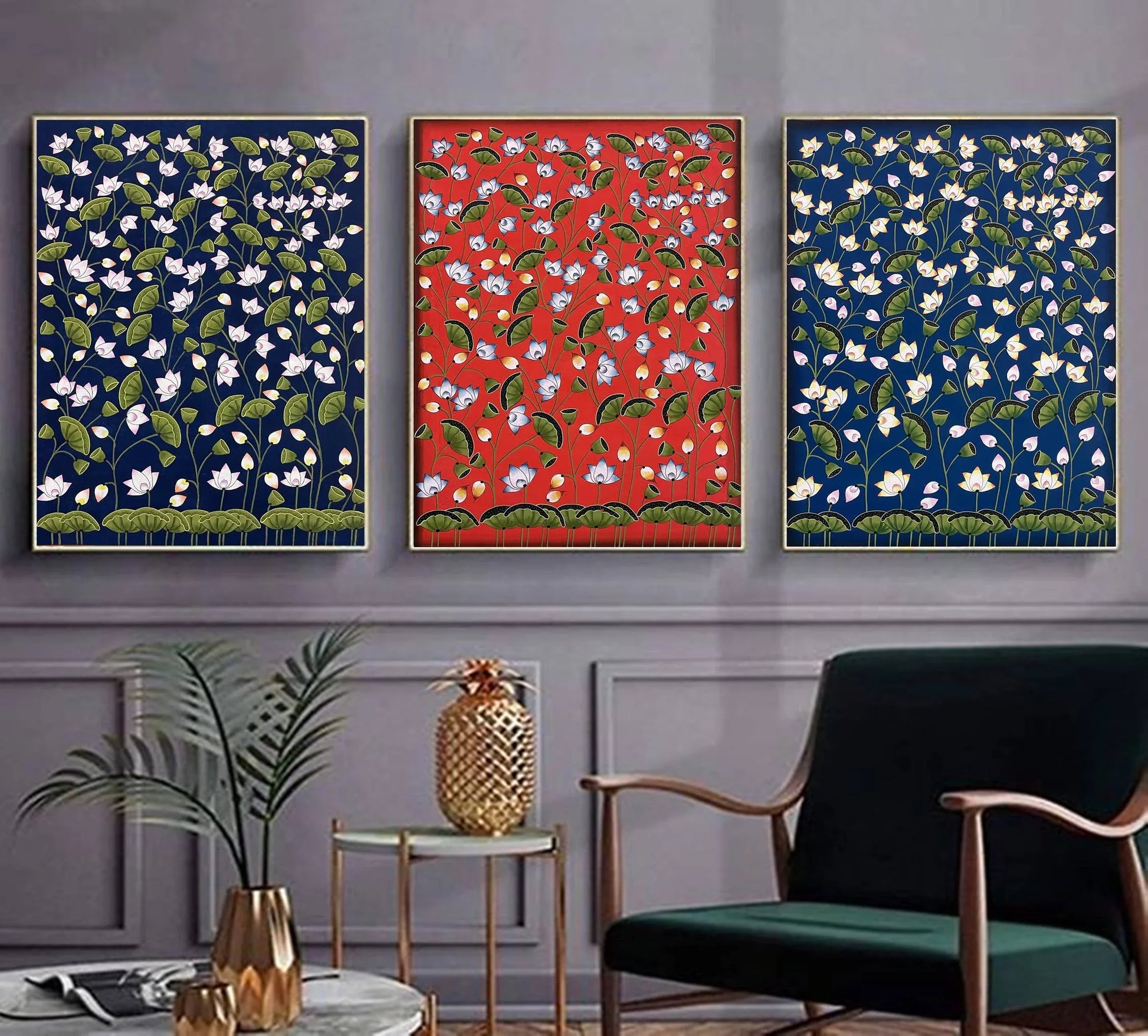 Pichwai Paintings Set of 3, Lotus Pond Indian Pichwai Painting, Home decor Art, Indian painting - Jaipur Earth