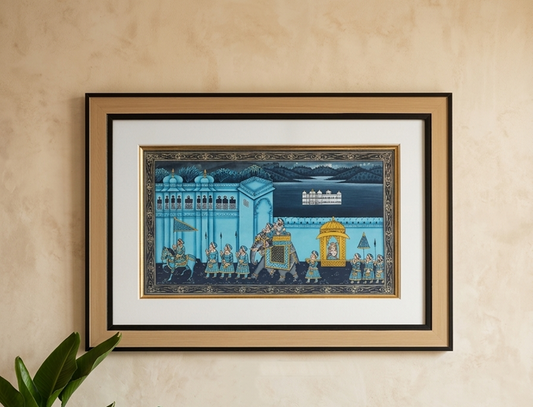 Royal Procession Hand-Painted Rajasthani Artwork – Traditional Indian Miniature Painting, Framed Ethnic Wall Decor