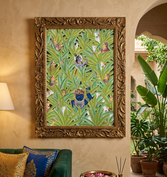 Shrinathji & Krishna in Banana Trees, Hand Painted Pichwai Painting, Home Decor, Wall Decor
