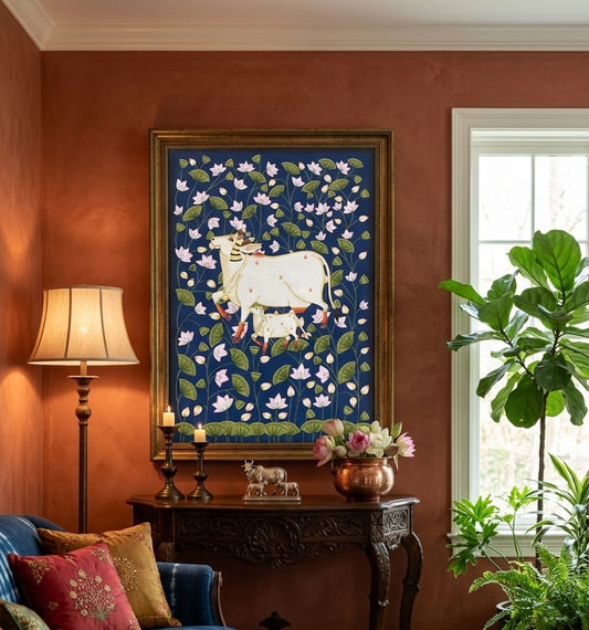 Handmade Cow Pichwai Painting – Traditional Nathdwara Gau Mata Artwork for Home & Temple