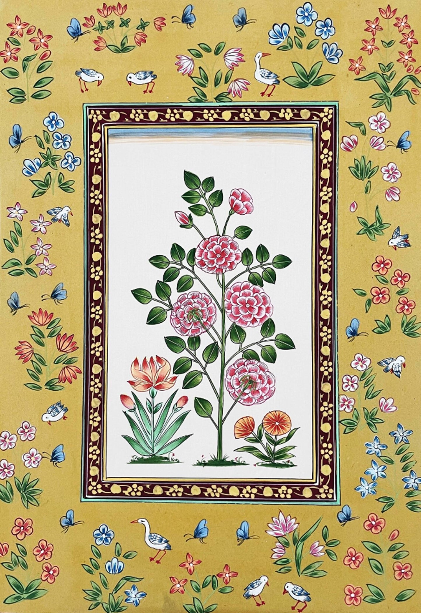 Hand-Painted Floral Miniature Painting | Traditional Indian Mughal Art on Handmade Paper | Framed