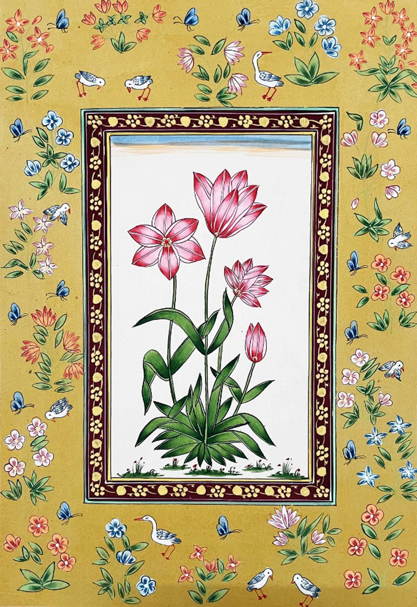 Hand-Painted Floral Miniature Painting | Traditional Indian Mughal Art on Handmade Paper | Framed