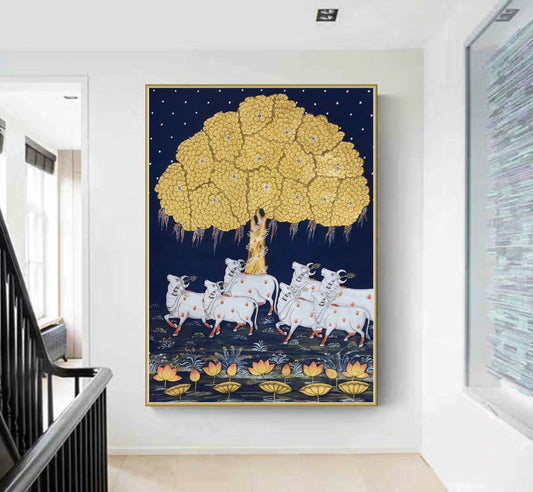 Pichwai Painting Of Cow, Modern Indian Pichwai Painting For Home Decor, Wall Hanging, Wall Painting - Jaipur Earth