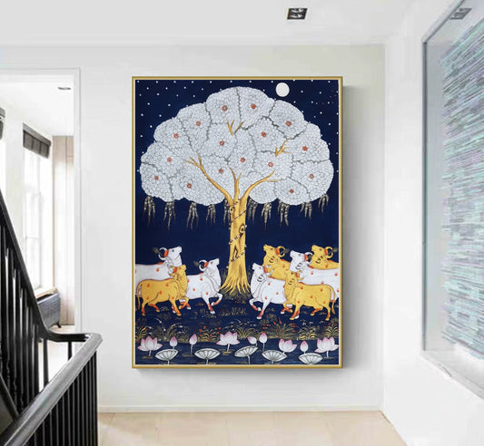 Pichwai Painting Of Cow, Modern Indian Pichwai Painting For Home Decor, Wall Hanging, Wall Painting - Jaipur Earth