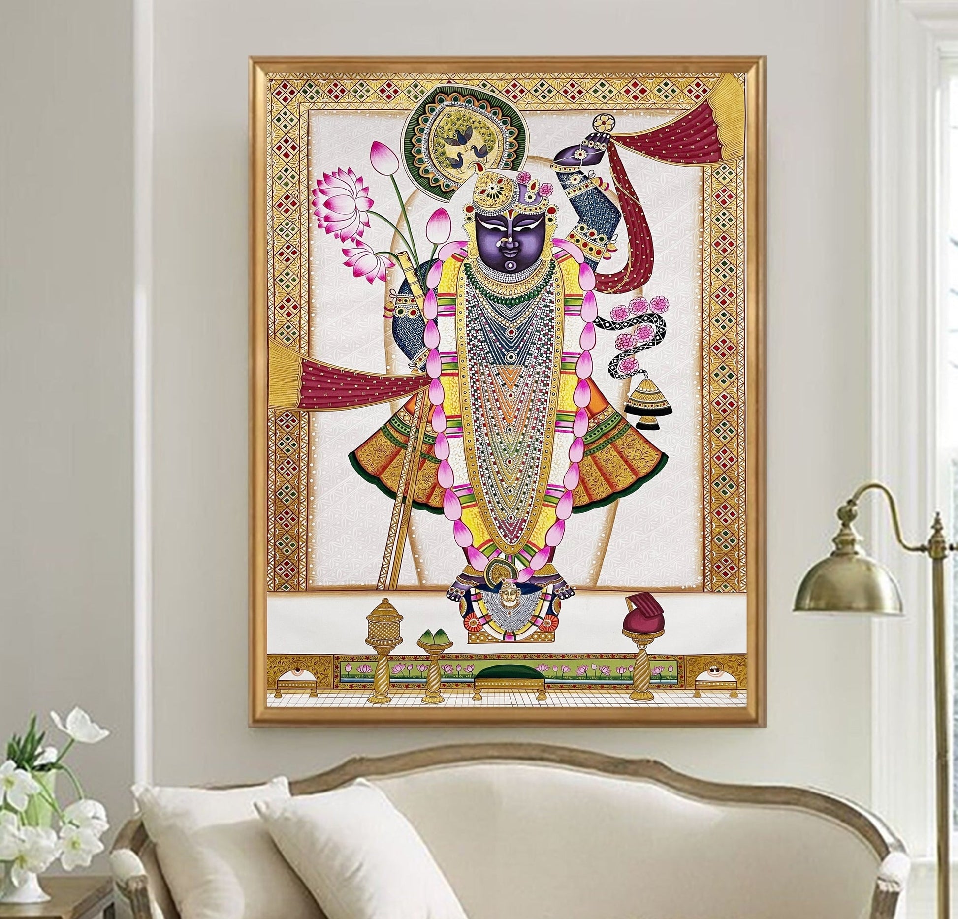 Shreenathji and Lotus Pichwai Art Painting For Home Decor, Traditional Handmade Wall Painting Of Beautiful Shri Nath Ji In Kamal Talai - Jaipur Earth