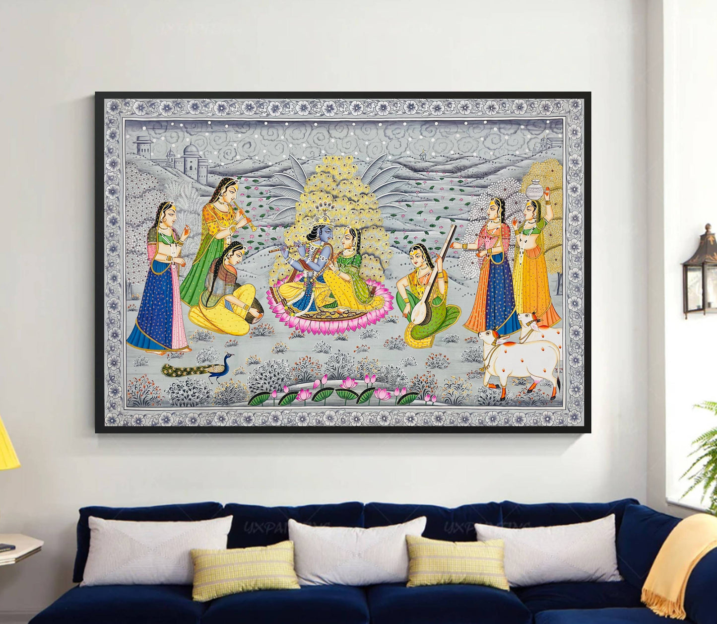 Radha Krishna Detailed Pichwai Handmade Painting on Fabric Krishna Painting, Wall art, Home Decor - Jaipur Earth