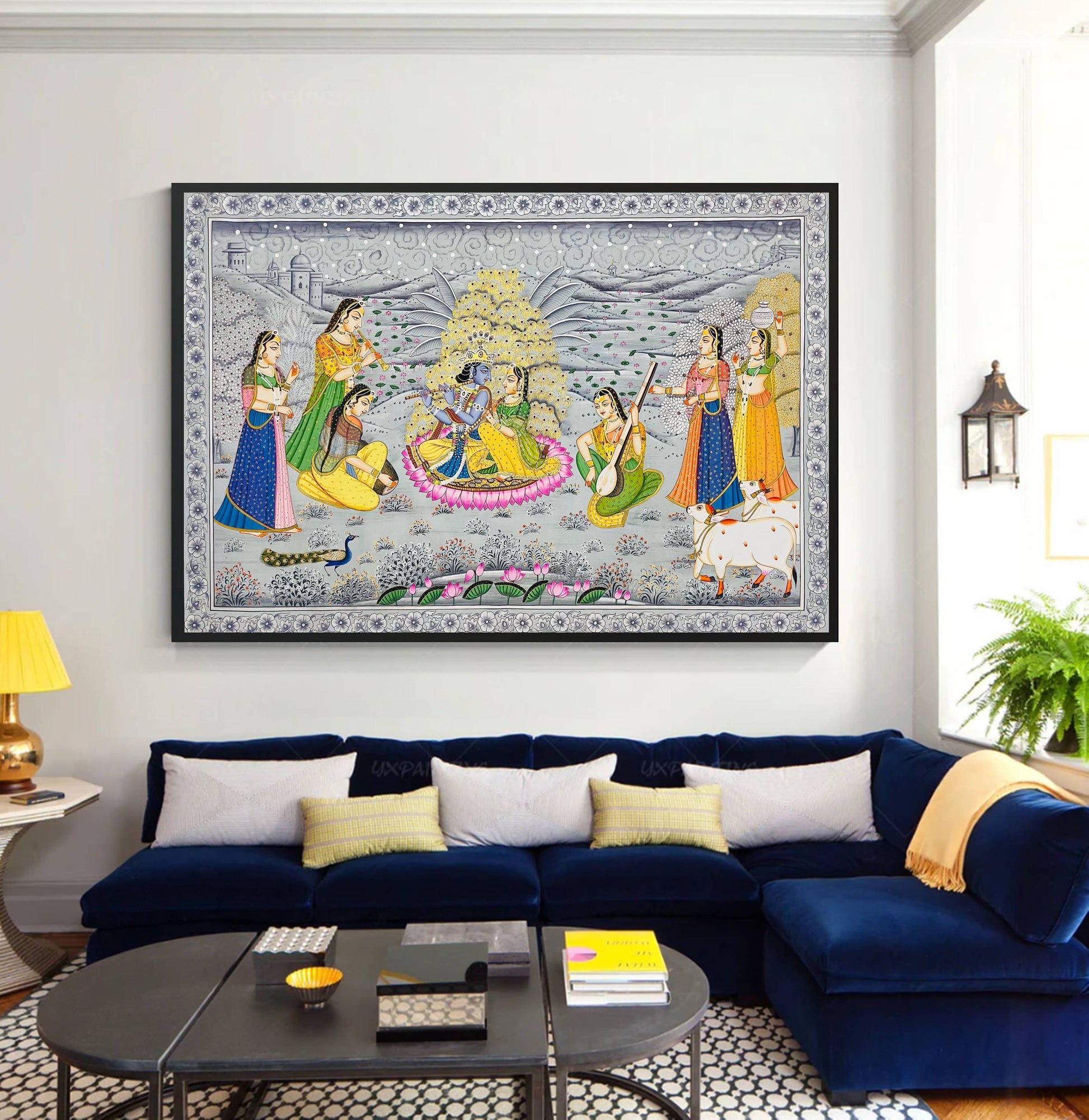 Radha Krishna Detailed Pichwai Handmade Painting on Fabric Krishna Painting, Wall art, Home Decor - Jaipur Earth