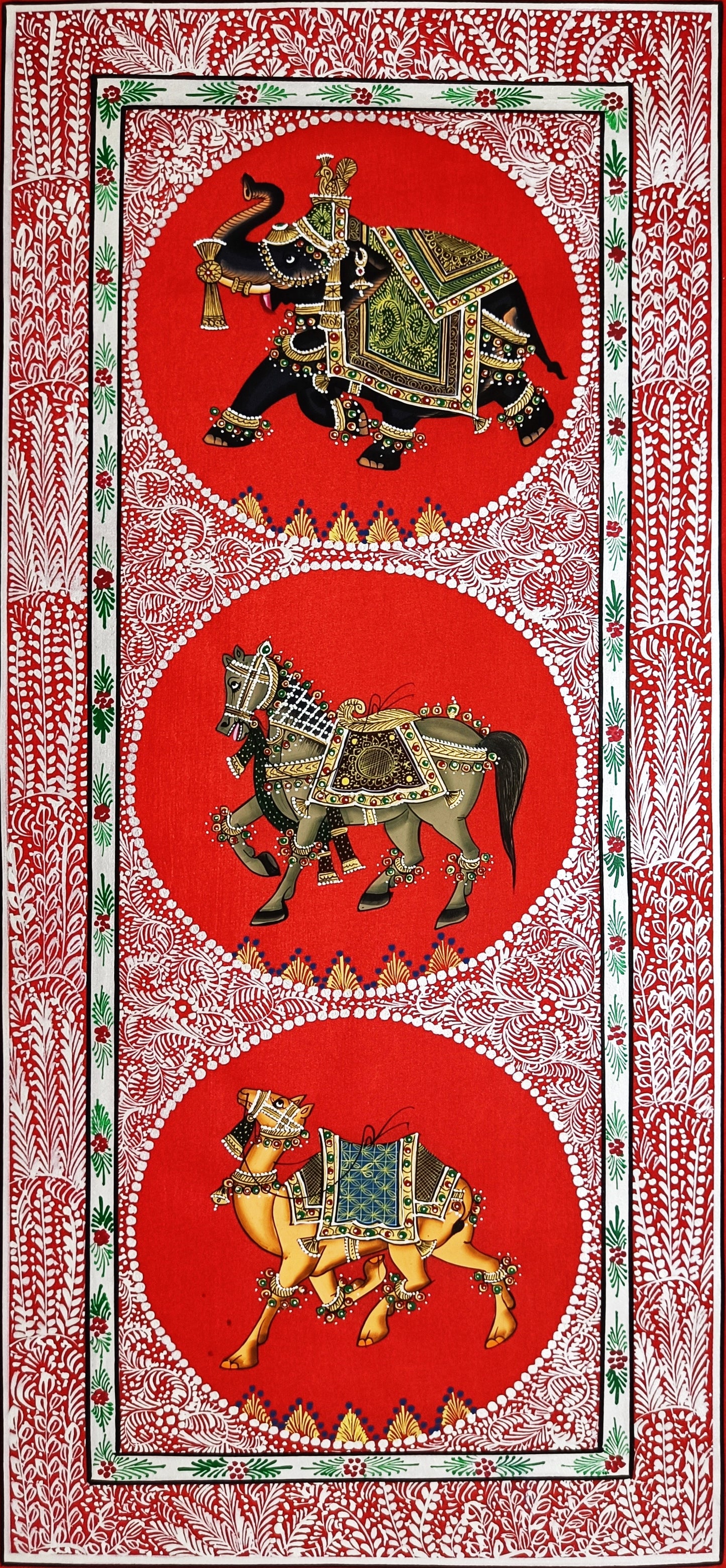 Trio Elephant, Horse, Camel Indian Miniature Wall Art, Set of 2 Traditional Animal Procession Painting On Silk For Home Decor - Jaipur Earth