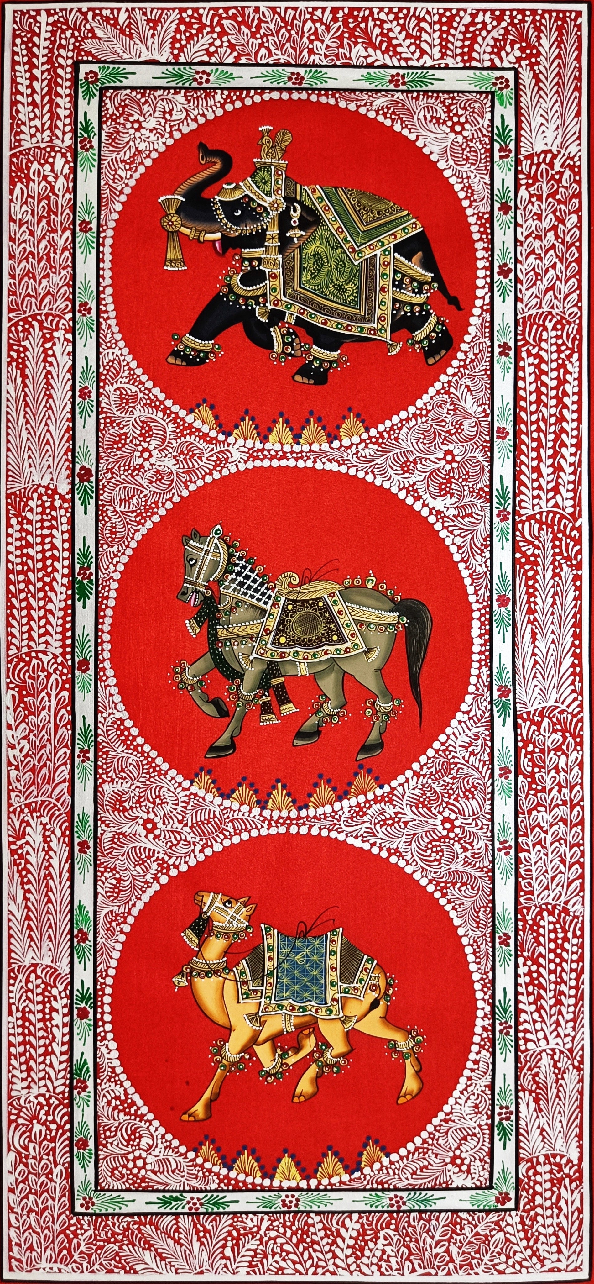 Trio Elephant, Horse, Camel Indian Miniature Wall Art, Set of 2 Traditional Animal Procession Painting On Silk For Home Decor - Jaipur Earth